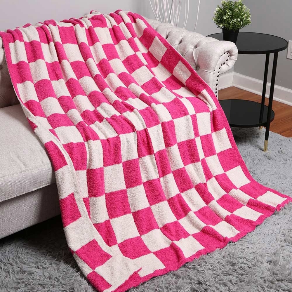 Fuchsia Pink CheckerBoard Patterned Two Tone Blanket Design Reversible Throw